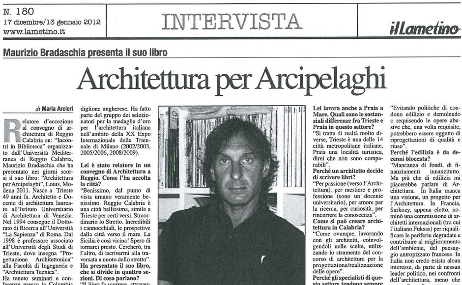 Ritaglio de Il Lametino con l’intervista di Maria Arcieri a Maurizio Bradaschia, Architettura per Arcipelaghi