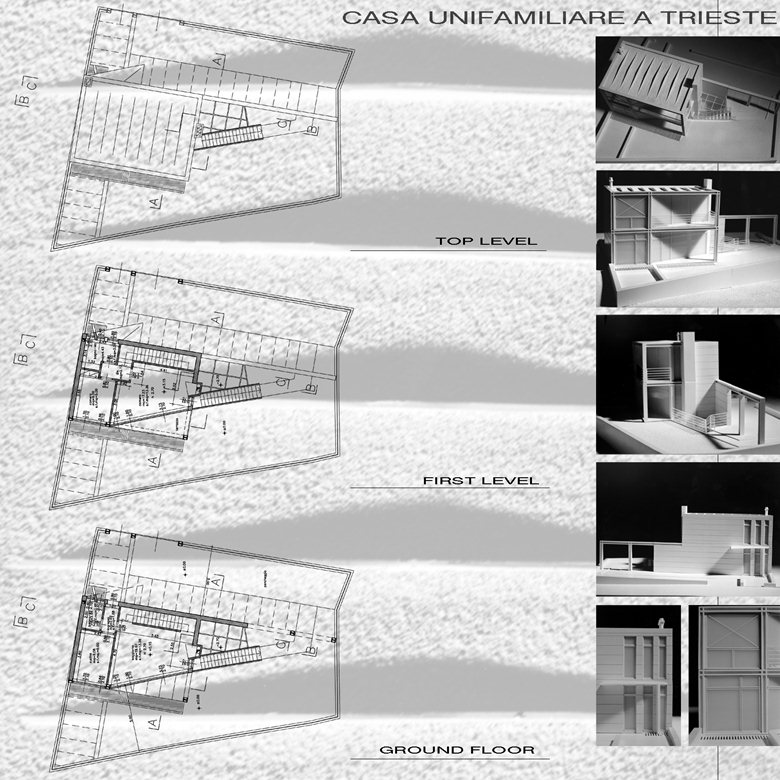Tavola di progetto della casa unifamiliare sulle colline di Trieste