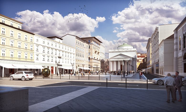 Vista del progetto di Piazza Sant’Antonio dalla piazza verso la chiesa